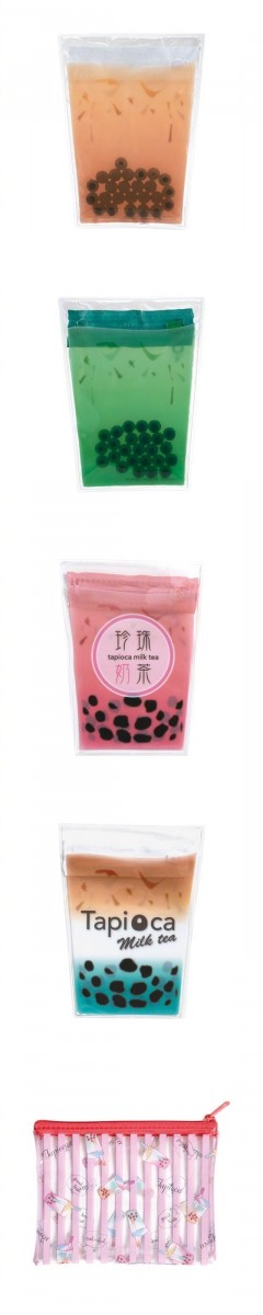 BANDAI扭蛋机里的珍珠奶茶笔袋共有5哥款式:原味珍珠奶茶、抹茶珍珠奶茶、草莓奶昔珍珠奶茶、渐变彩色珍珠奶茶、珍奶印花笔袋