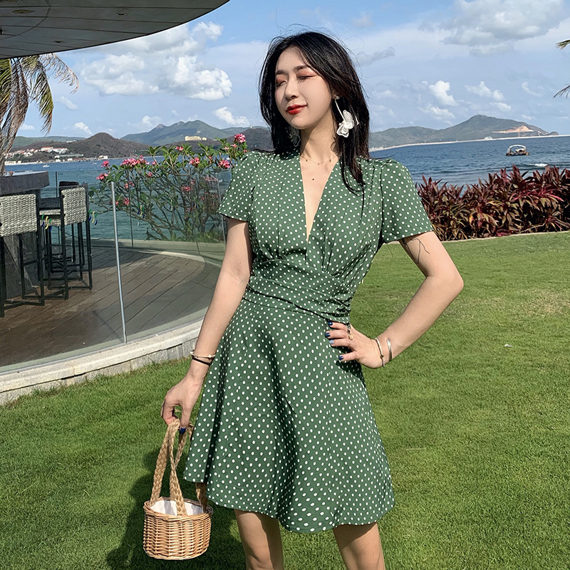 复古绿性感波点连衣裙