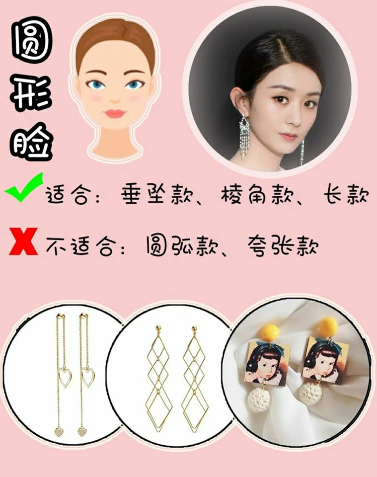 圆脸女孩适合佩戴垂坠款、棱角款和长款耳环,需避免圆弧形耳环款式