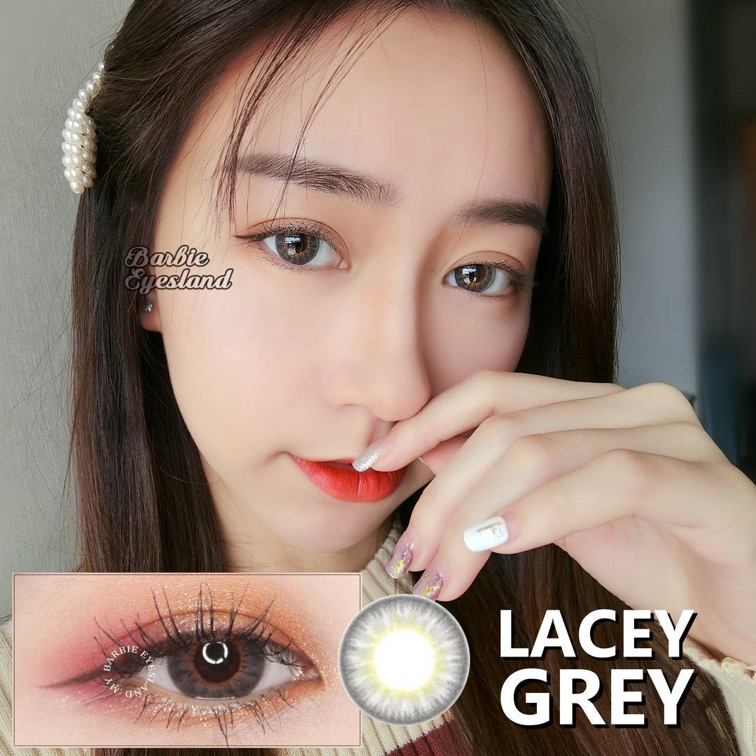 灰色基调配浅棕色内圈的Barbie Eyesland Lacey Grey美瞳，清亮的色泽让粉嫩眼妆更出色