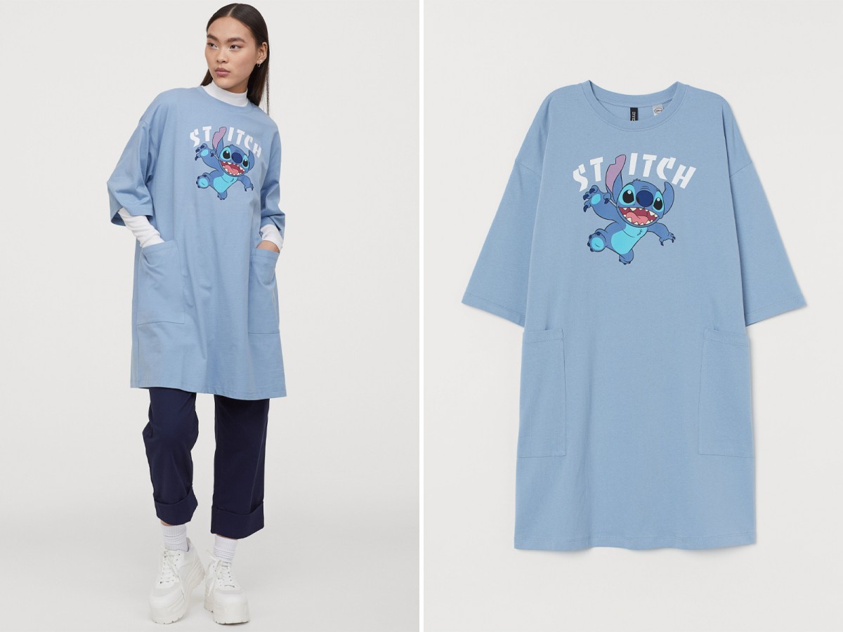 【H&M X Lilo & Stitch】Oversized T-shirt dress 慵懒风T恤裙 浅蓝色