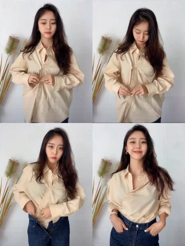 解开所有扣子后,将上面数起第三个扣眼,扣到第二颗纽扣;然后将衬衫下摆左侧拉到右边、右侧拉到左边交叠起来,塞进裤子/裙子里。微性感衬衫LOOK完成!