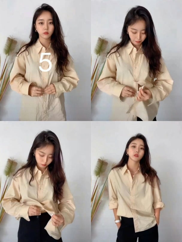 解开衬衫下摆数起的3颗扣子,将第2颗扣眼扣到第三颗扣子上,折纹可以让原本平平无奇的衬衫穿搭展现层次感~没有折纹的一侧塞进裤子里,酷帅感十足。