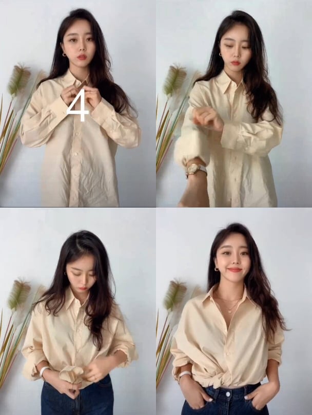 撸起后,将衬衫下摆数起的2-3颗扣子解开,然后将两侧下摆打个活结,稍微塞进下装里。休闲感中不失时髦魅力。