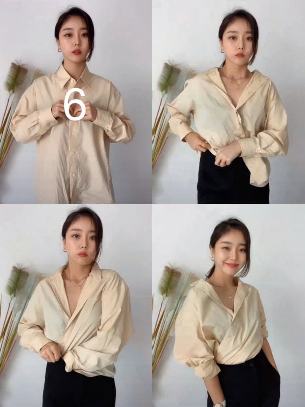 除了中间一颗扣子以外,其他的扣子统统解开~领口稍微往后拉调整,然后将衬衫下摆左侧拉到右边、右侧拉到左边交叠起来,塞进裤子/裙子里。袖子撸起来后,可盐可甜的衬衫LOOK轻松GET~