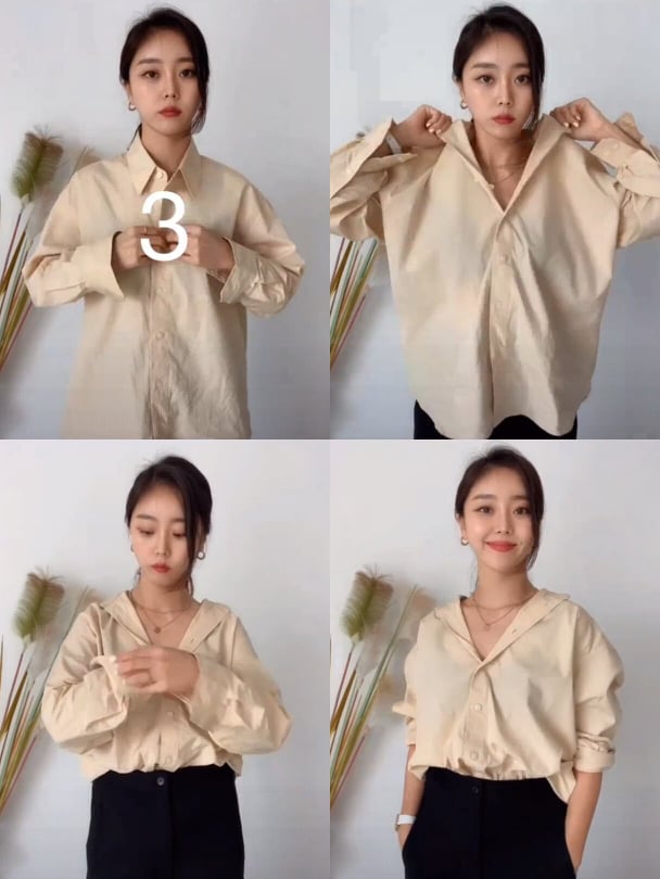 C编将这款称之为「金秘书衬衫LOOK」(笑)解开2-3颗扣子,领口如图整理好稍微往后拉,下摆塞进裤子或裙子里。正式场合这样穿也不失礼!