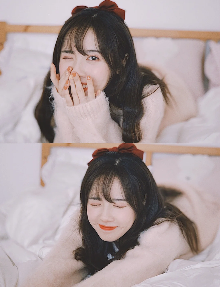 不用男友帮忙也能拍!定好相机位置后设置Timer,用手半遮掩镜头、趴着望向镜头,简单拍效果也很美!