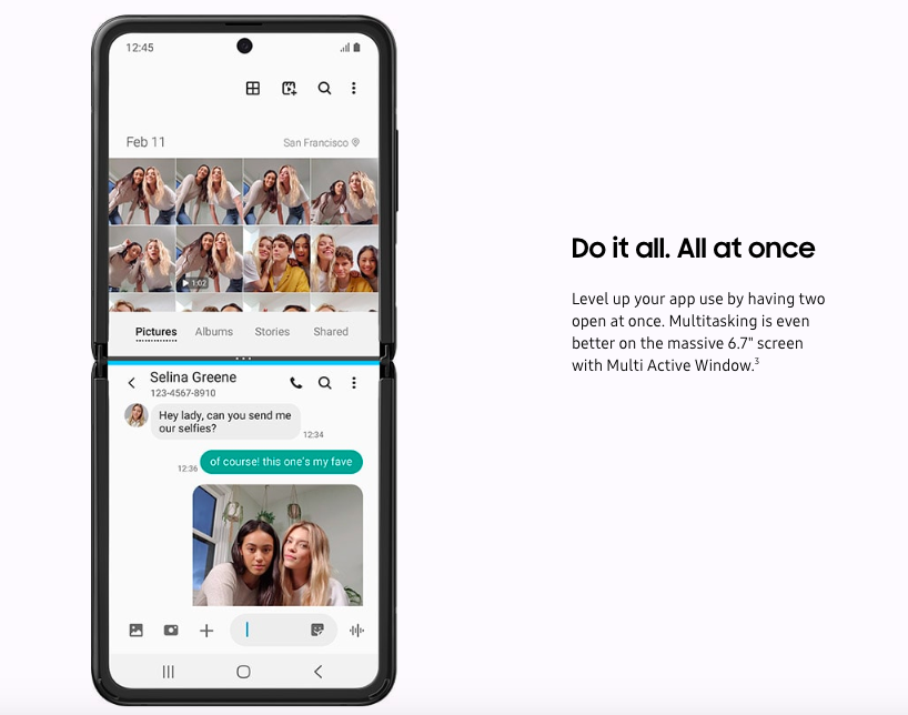 这款绝佳设计的Galaxy Z Flip还配有Multitasking功能，双屏操作效率100分！