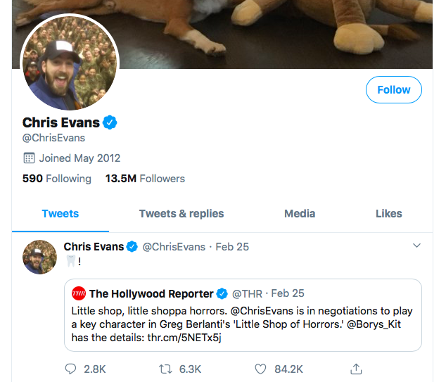 值得一的是,Chris Evans本人在推特上转载了The Hollywood Reporter透露其会出演电影的报道,并配上了一颗牙齿的emoji,疑是间接承认了会出演「牙医男友」Orin!