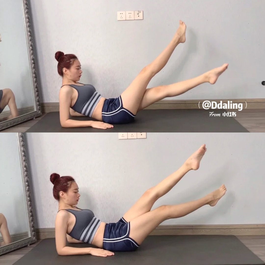 动作(一):30次为一组、共做2组 平躺后上半身上抬、双腿上抬,臀部着地、双臂屈肘并支撑在臀部后侧。收紧下巴别仰头,双腿在空中依次做交叉动作,速度不比快哟~慢慢做更能感受到腹部发力,同时瘦腹+瘦腿!