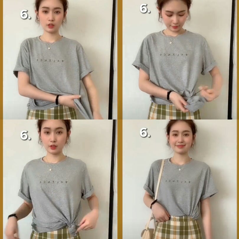 T恤穿法(六) 从侧边T恤下摆抓起一部分,用橡皮圈绑成一个小圆状,然后将它塞到裤子或裙子里即可,简单又好看!