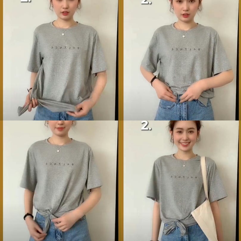 T恤穿法(二) T恤下摆右侧或左侧抓起两个小角,交叉穿进牛仔裤/牛仔裙用来系腰带的小环(袢带)里。休闲穿法搞定!