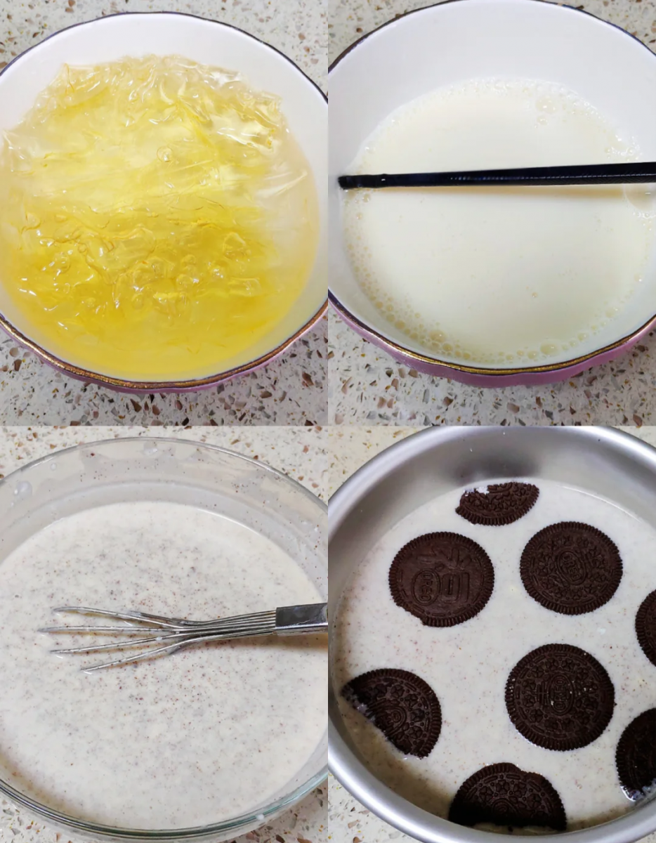 无需烤箱:?OREO芝士蛋糕 | 做法:3、吉利丁片冷水泡软,挤干水分后放入牛奶里,隔着热水搅拌融化。 4、将吉利丁牛奶液倒进酸奶芝士糊里搅拌均匀,然后倒入模具里;表面铺上几块OREO饼干装饰。放到冰箱里冷藏4小时以上。冷藏定型后从冰箱拿出来,在模具四周先用热毛巾敷一敷更能顺利脱模哟~