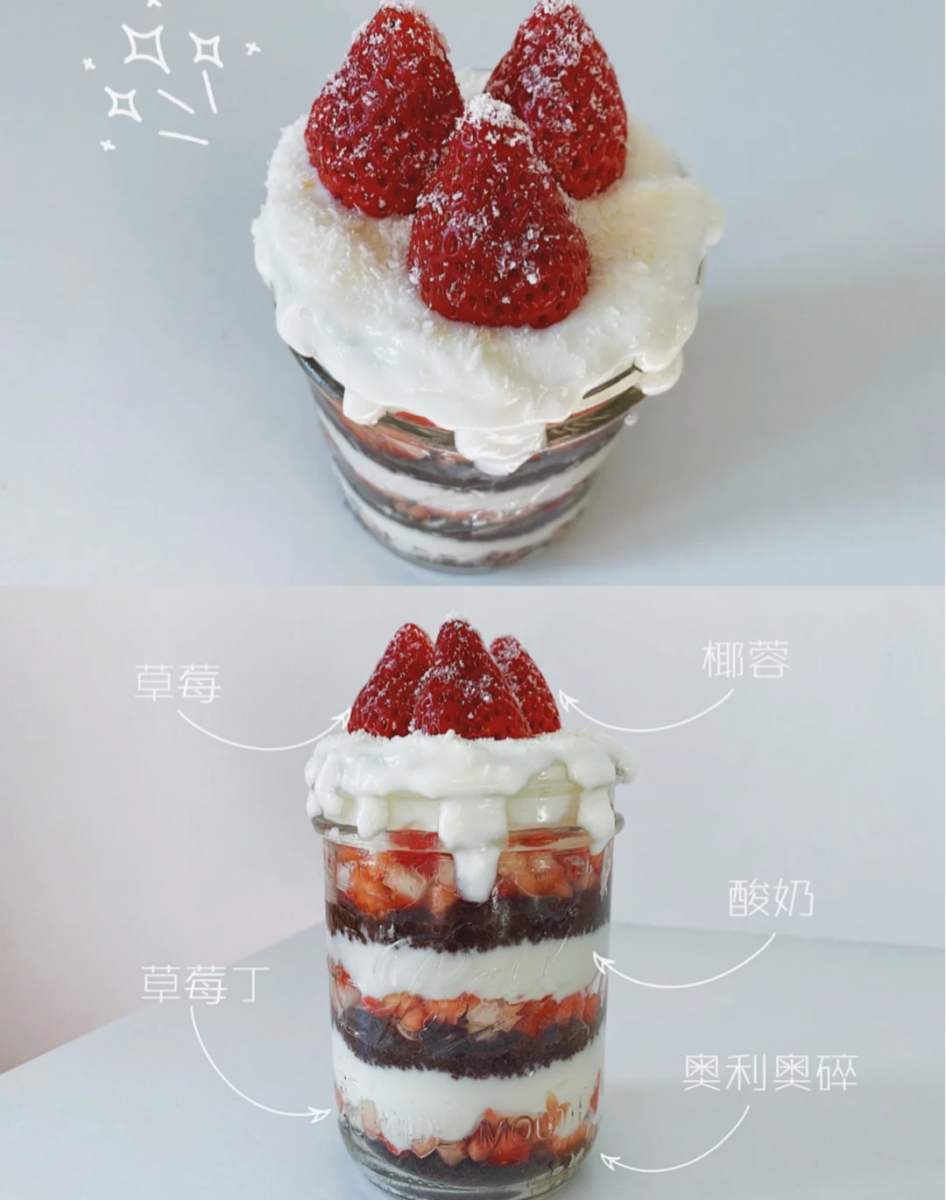 ✨OREO草莓酸奶杯 · 做法(一)  材料:草莓、酸奶、OREO碎、椰蓉  做法:一层OREO碎、一层草莓切丁果肉、一层酸奶;一层层铺好,最后撒上椰蓉点缀即可!