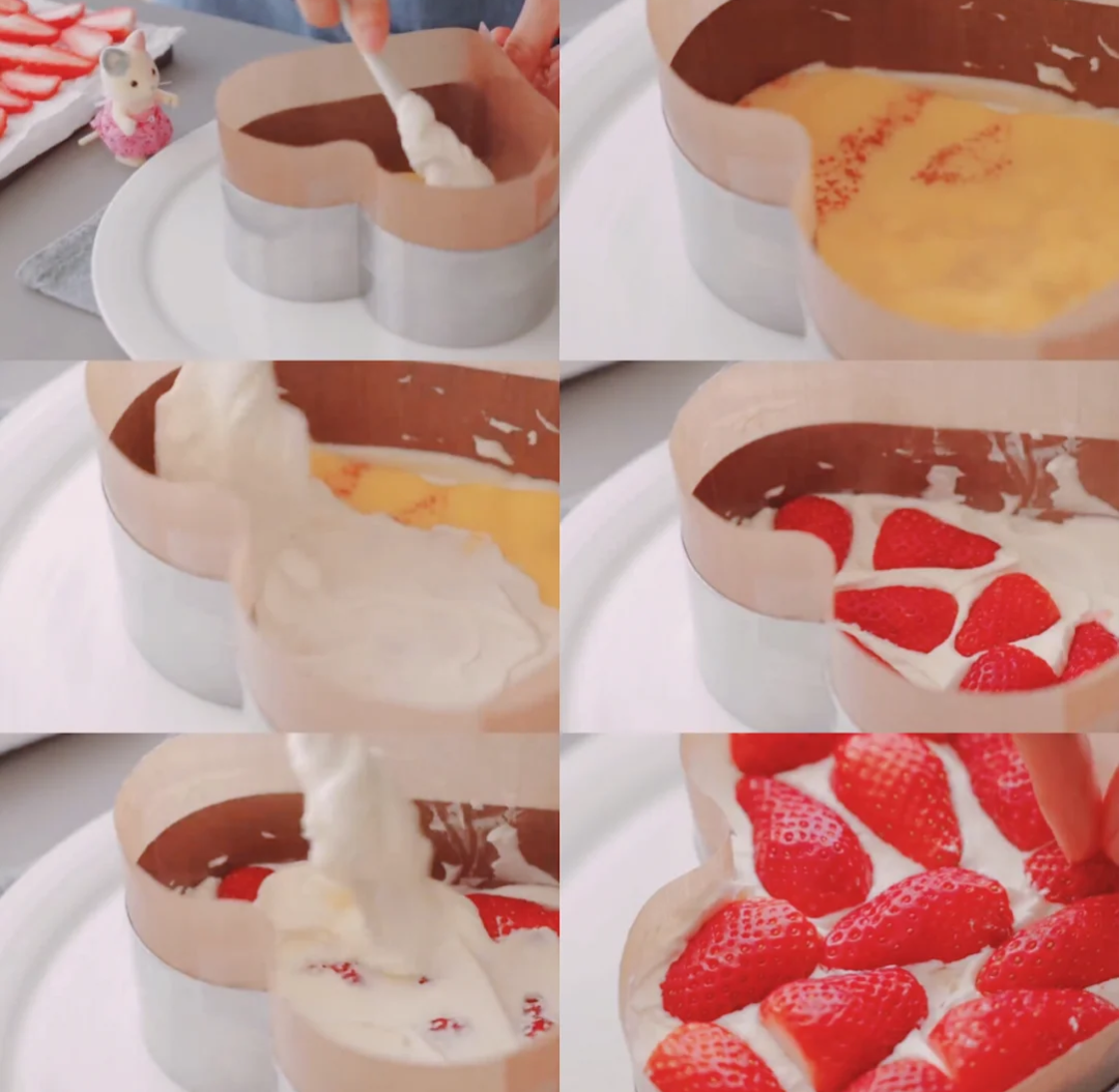 4、用磨具做边框,底层先放一层crepe面皮,然后涂一层奶油;每铺好3层后就加入一层草莓,然后涂上奶油再继续重复铺叠。