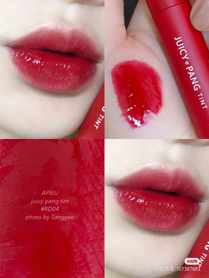 A'PIEU 果汁唇釉 Juicy Pang Tint #RD04 女团唇色列表里,「酒渍樱桃红」一定拥有姓名!超显白的一款色泽配上果冻唇质地,完全女神唇即视感~