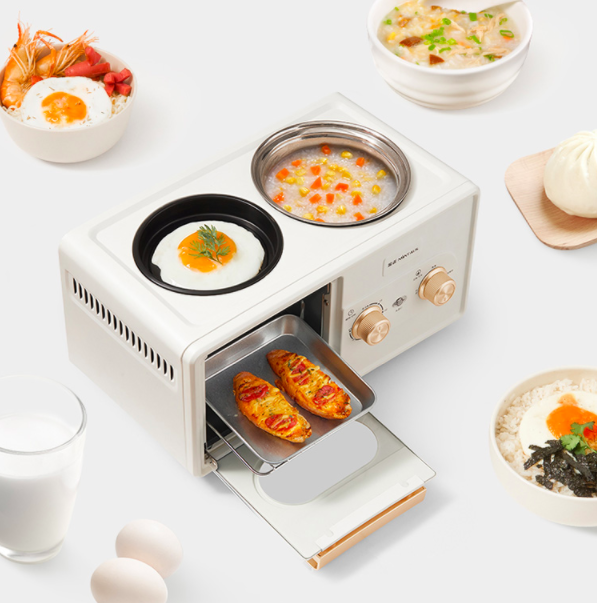 ✨ 金正四合一早餐机 金属色的旋钮配上简约白/粉红色的机身,颜值实在太高啦~小巧的一台早餐机包含煎盘、烤箱、蒸锅、煮锅功能,同时操作一台顶四台!可做高达三人份的餐食。