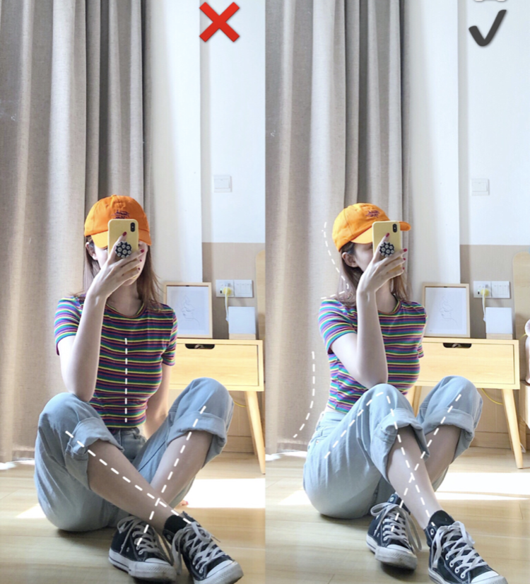 ✨全身照篇：对着镜子摆拍 下面再来给大家画一些镜子前摆拍的「Dos & Don'ts」重点，微微的角度差别效果天差地远！