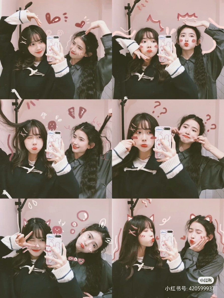 闺蜜合照姿势教学:✨各种大头照姿势看这边!稍微加点调色、涂鸦风修图效果就很好看了呢 ?~不妨把这些Pose收藏起来,照着拍简直太好用!