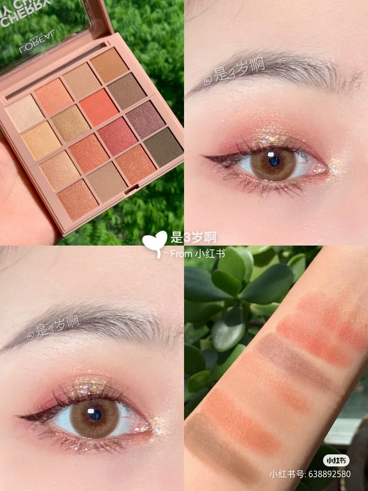特别百搭的一款16色眼影盘，色泽是很适合春夏季的蜜橘粉色系～轻松画出蜜桃色系、橘色系、樱花粉嫩色系眼妆！