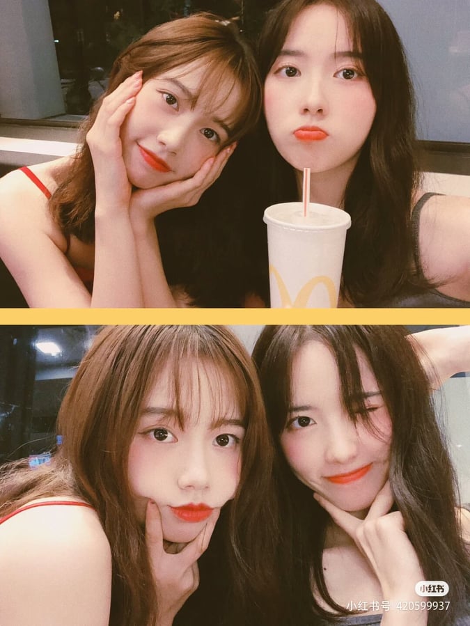 闺蜜拍照姿势教学:✨ 饭桌自拍也能很FUN!适时可以拿出手边的饮料当小道具~马上带你解锁多种双人合照姿势: