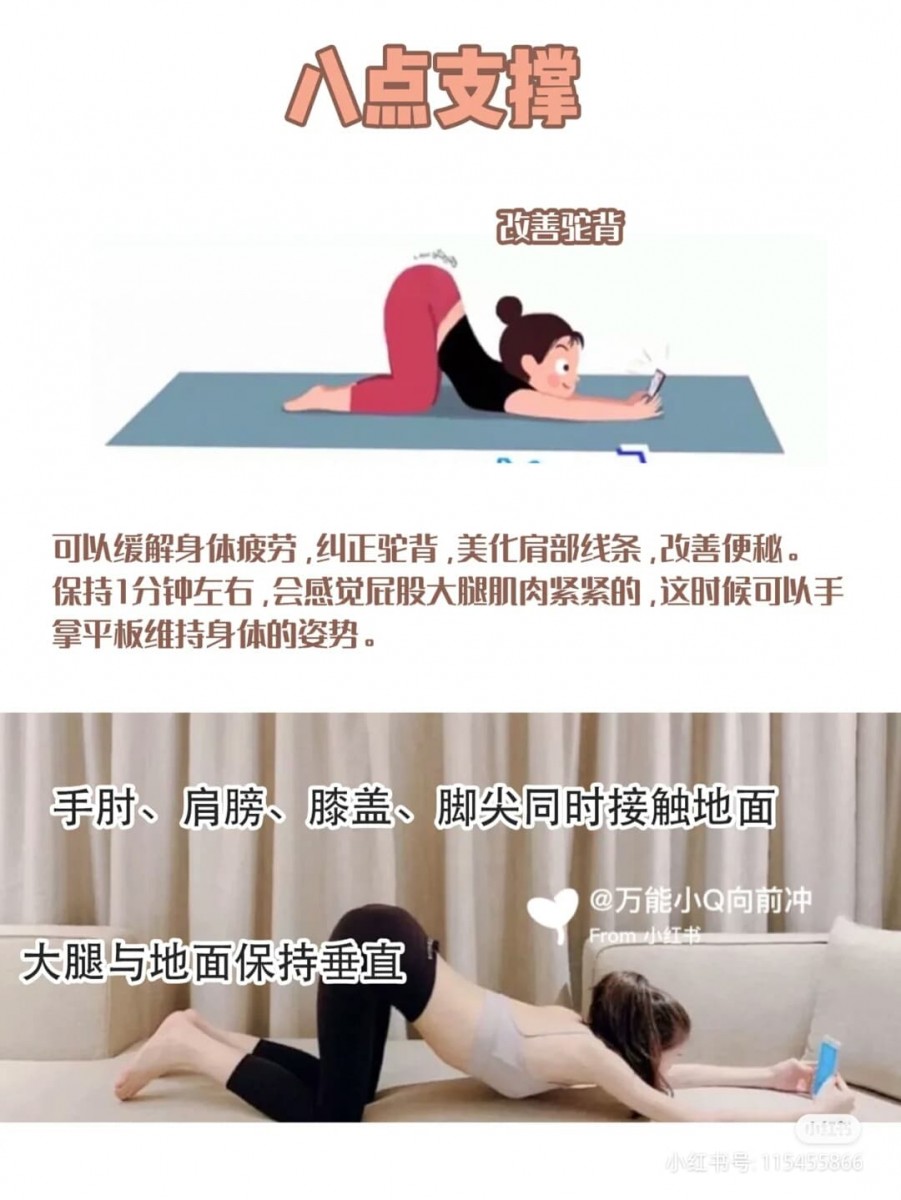 ✨动作(三):猫咪伸懒腰式「八点支撑」 像极了猫咪伸懒腰的动作有木有~这个「八点支撑」的要领是,大腿与地面呈90度垂直,手肘、膝盖、脚尖、手臂尽量与地面贴合;可有效帮助舒展身体肌肉缓解疲劳,美化肩背线条。动作保持一分钟左右即可,可做2-3组~