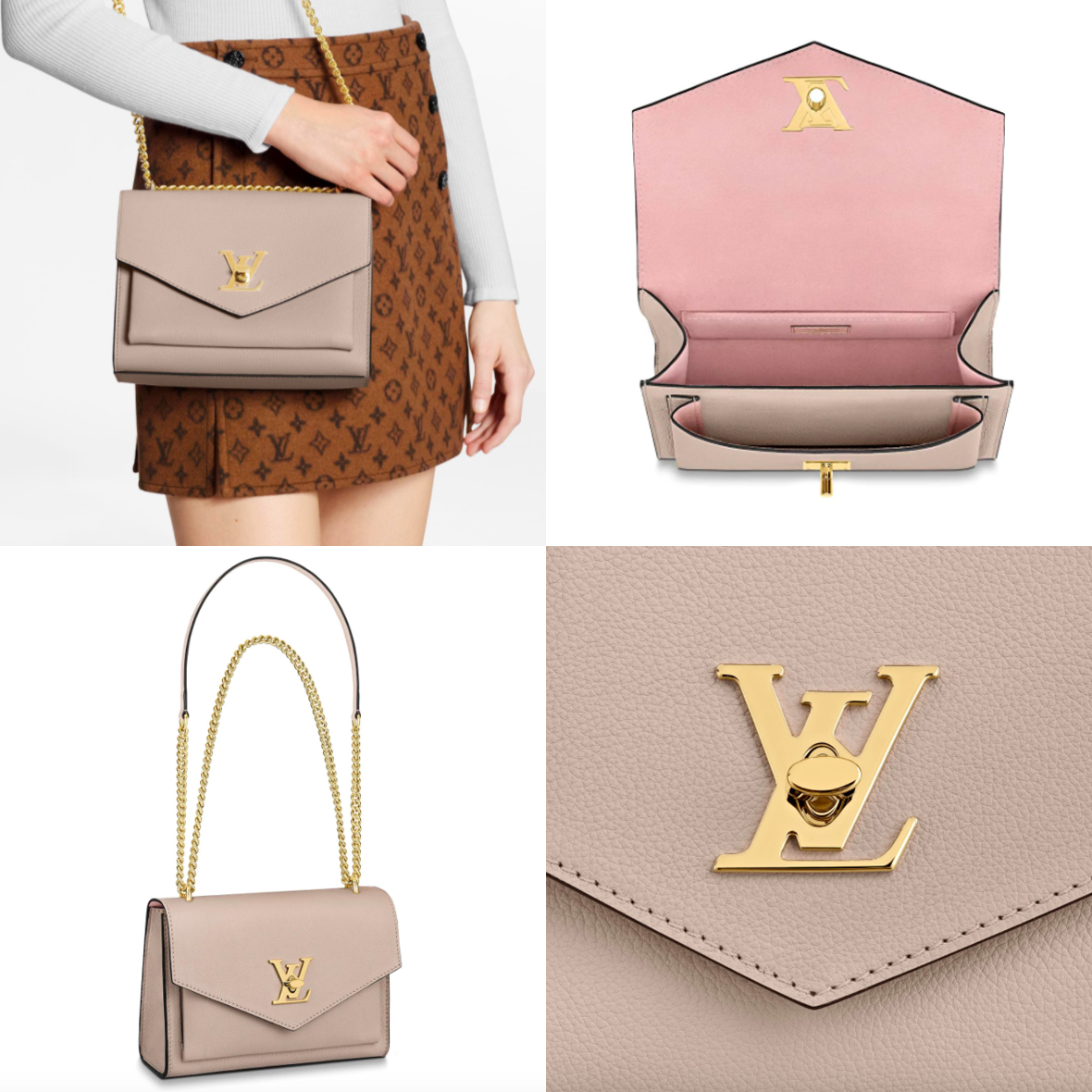 LV logo处的金属旋扣设计也特别精致,比起一般信封包的磁扣设计高级好多呢 ❤️ 而且长金属链带的部分配有皮革肩垫,想要肩背的时候可以随心折叠收短链带,肩背斜挎都超好看~