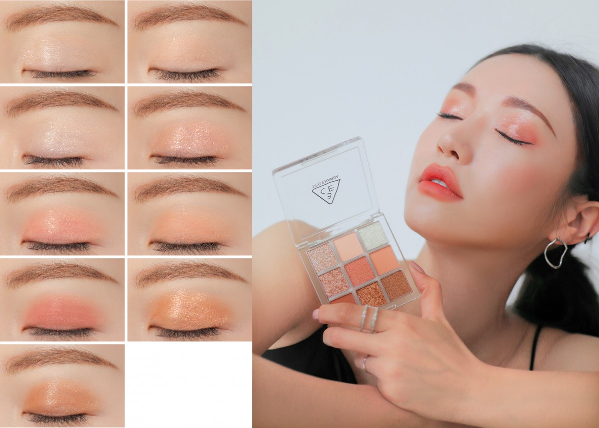 颜色是日常适用的 #Delightful 粉亮色调 和 #Shot Again 橘粉色调~轻松营造春夏桃花感眼妆,点上闪亮亮的珠光和闪片色,妆面瞬间变得仙气飘然!❤️