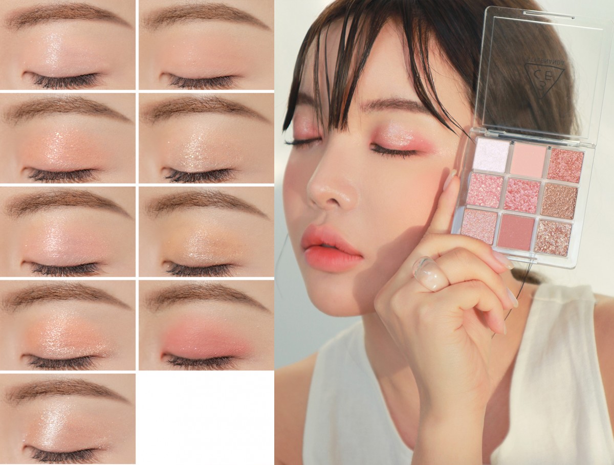 颜色是日常适用的 #Delightful 粉亮色调 和 #Shot Again 橘粉色调~轻松营造春夏桃花感眼妆,点上闪亮亮的珠光和闪片色,妆面瞬间变得仙气飘然!❤️