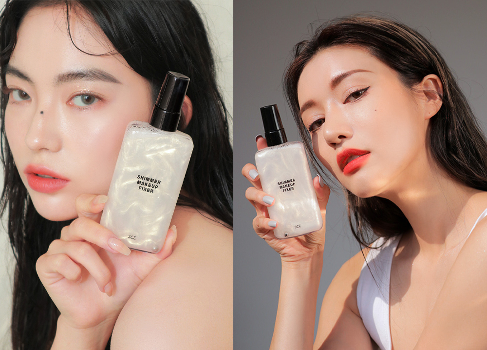 ✨3CE Shimmer Makeup Fixer 营造贝壳光细闪妆面的定妆喷雾~透明瓶身透出内里装着的亮闪闪定妆液,颜值实在太高啦!?