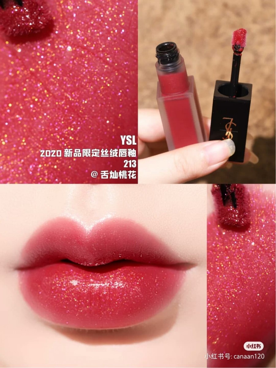 YSL Velvet Cream #213 金闪玫瑰红茶 这款绝对是款「名媛色」！玫瑰红茶色本身就已经高级感MAX，加上碎钻后魅力加乘简直Double-Kill！