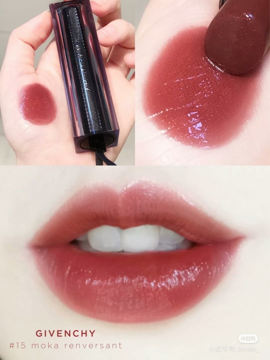 GIVENCHY Rouge Interdit Vinyl Lipstick #15 碎钻透茶摩卡 肉桂摩卡色中带有细致银色碎闪，上唇效果比一般奶茶色多些红调，室内光下则会带有微微的冷调紫灰色，素颜也能Carry的一款清透色泽！