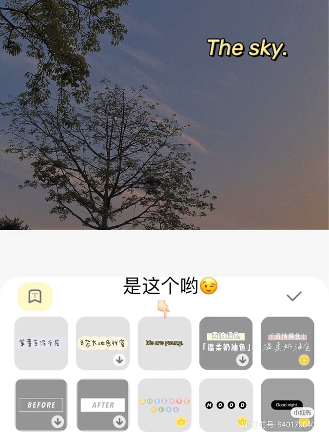 之后可以点选「加字」里的【花字】;选择这款“we are young”字体,点击一下打上自己想要的文字就可以喽~