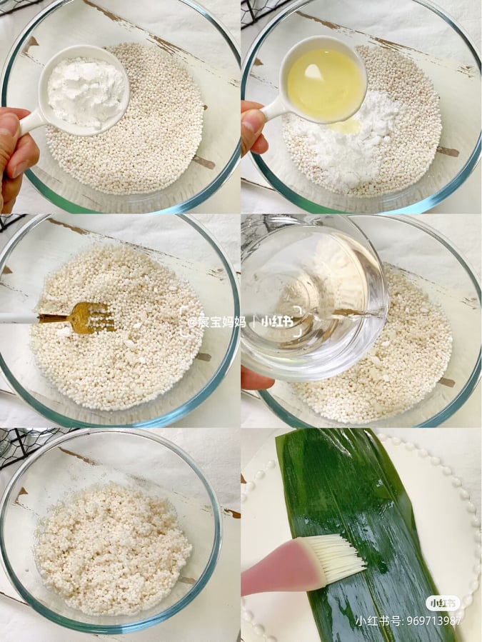 做法步骤很简单： 1、首先将砂糖、玉米油及热水倒入西米里搅拌均匀，静置15分钟。之后取洗好的粽叶刷一层油后～