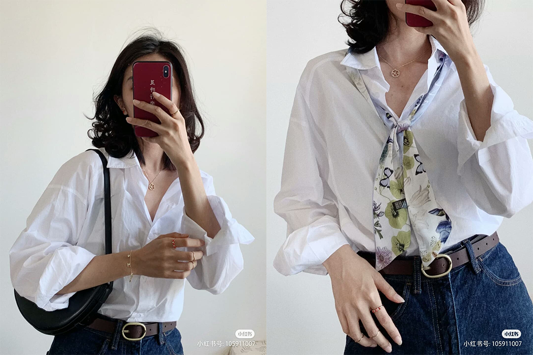 这样的穿法不仅可以告别白衬衫「太Formal」即视感，还能巧妙露出超显瘦脖子和锁骨部分，配搭上INS风锁骨链、漂亮丝巾更加分！
