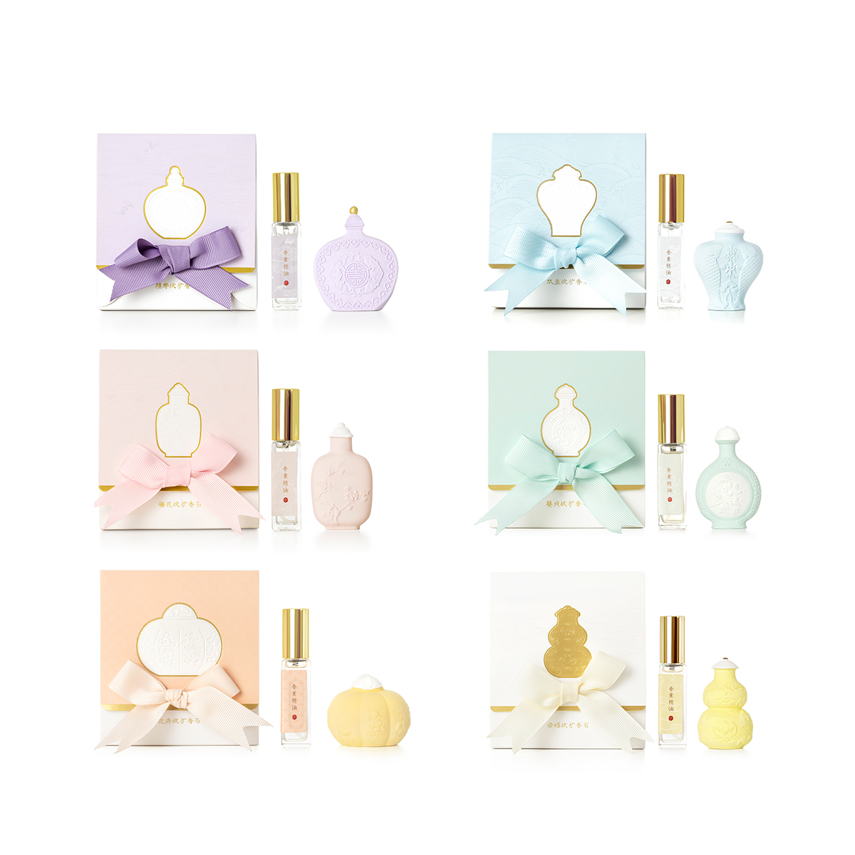 每一款扩香石除了浮雕设计和形状不一样,色泽也都各不相同、每一款都柔美至极!同时每一款还配有不同的香氛精油: