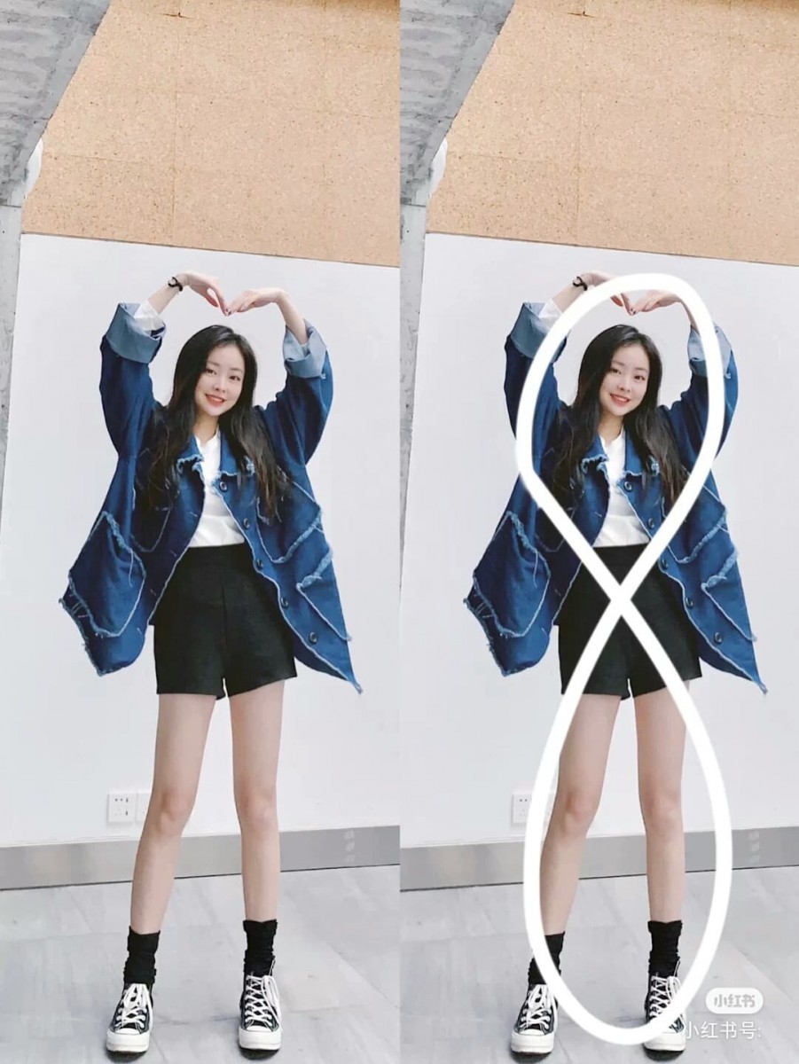 数字 8 拍照Pose:  之前的Pose都比较偏向有型范儿~这就来一款俏丽可爱Feel的数字8姿势;双手在头顶摆个大爱心,双腿往侧迈开至约与肩同宽即可。