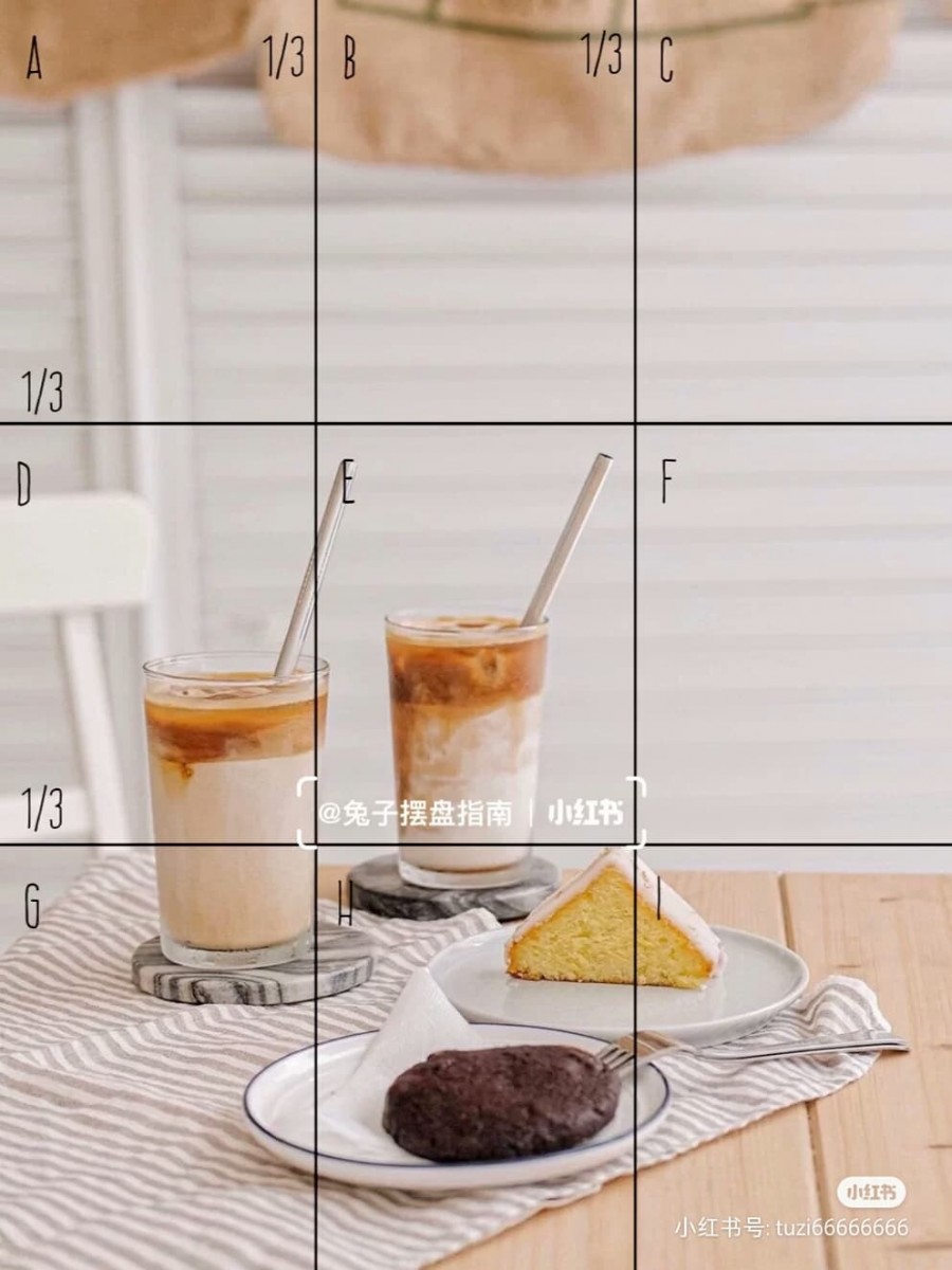 4、2方2圆构图 2杯饮料为「2方」、2个小圆碟盛着的甜点为「2圆」;掌握这样的摆盘方法后,30度俯拍的同时记得照片下1/3是食物部分、上面的2/3是留白部分,背景尽量干净。