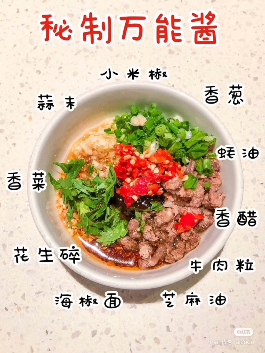 ✨海底捞火锅酱料(一)秘制万能酱 芝麻油、海椒面、花生碎、香菜、蒜末、小米椒、香葱、蚝油、香醋、牛肉粒