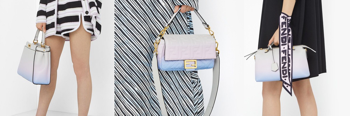 粉嫩嫩的色系已然暴击少女心,精美的粉嫩渐变色肯定更让女生们为之倾倒!? FENDI本季携手视觉艺术家Joshua Vides推出的早秋时尚California Sky加州天空系列,除了有让人惊艳的满满2D插画艺术设计元素,其中「渐变色设计」的几款包包也超级吸睛、掀起热议~