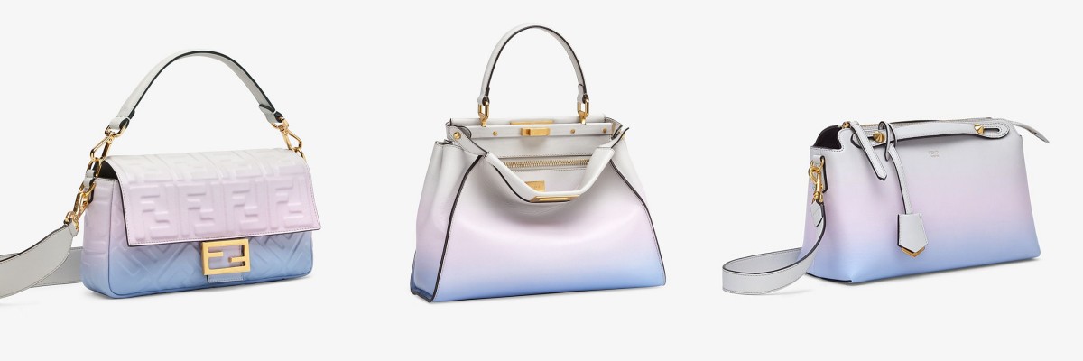此番FENDI将经典廓形Baguette包包、Peekaboo包包和By The Way Boston包包系列,染上集合了淡紫蓝色、柔粉色和清浅米灰色的超级唯美渐变色;像极了渲染上浪漫梦幻渐层色的日落天空,堪称本季最烧的女生梦幻逸品 ❤️