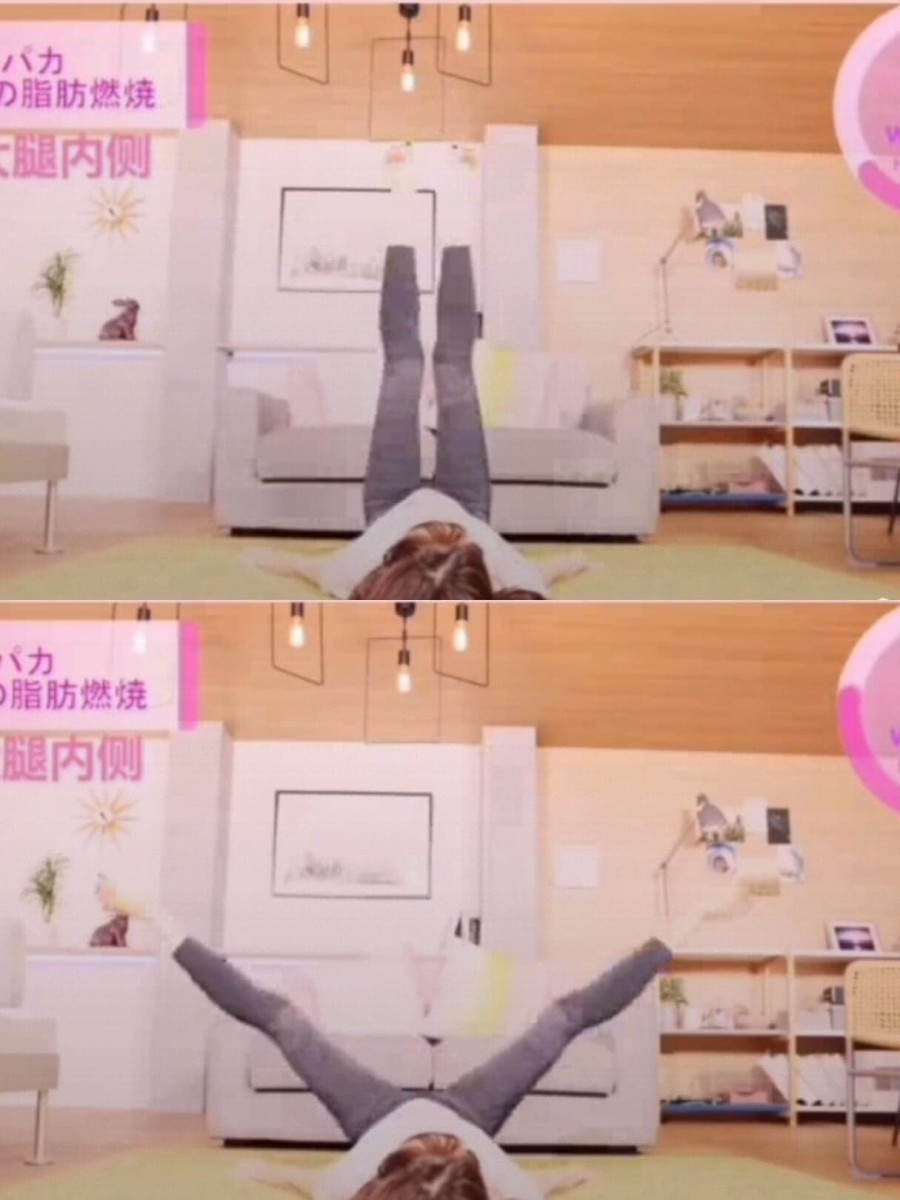 动作(一):平躺后双腿伸直向上抬,然后开始往两侧迈开~维持做1分钟。