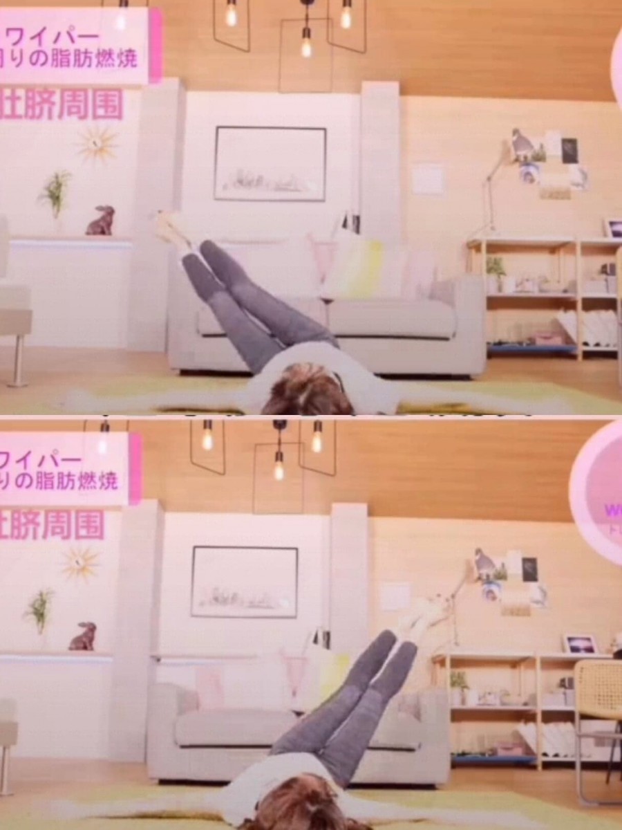 动作(五):双腿伸直向上抬并起,双手敞开贴紧地面支撑上半身;然后双腿像在空中画半圆形一样往左右两侧摆动。同样维持1分钟。