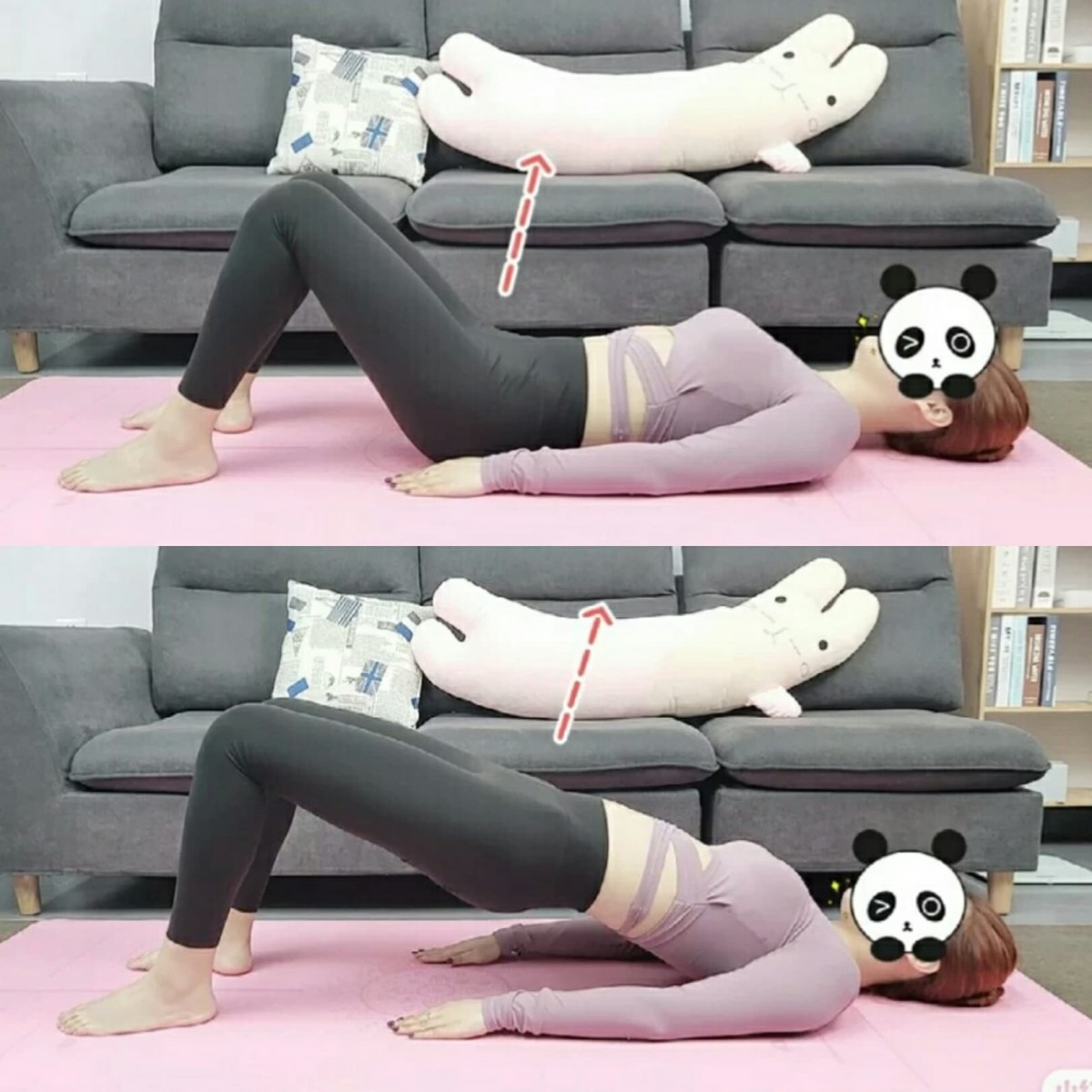 首先做一组臀桥运动;平躺好后屈膝、双手撑住地面;呼气的同时臀部发力抬离地面直至身体和大腿呈直线。保持3-5秒后边吸气边缓缓落下。一组可做5-8次、一共做3组。