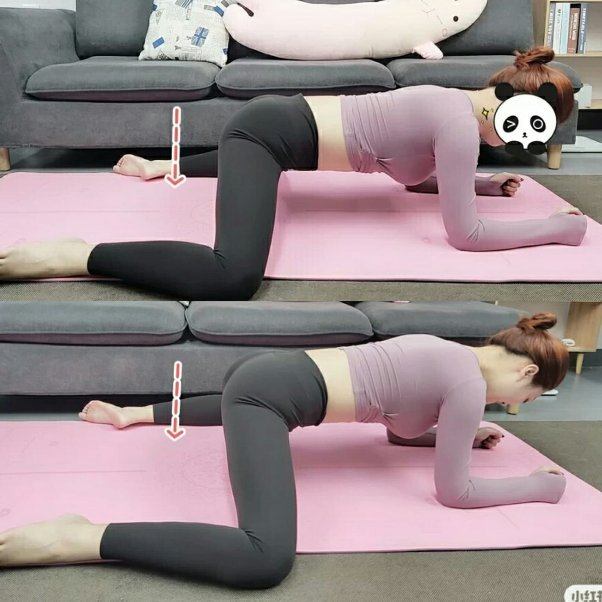 手肘撑地、屈膝后大腿小腿呈90度、大腿和身体呈现90度;双腿向两边迈开、脚掌朝内+臀部向后沉,肩部记得要放松。维持这个青蛙趴姿势30秒,一共做3组。