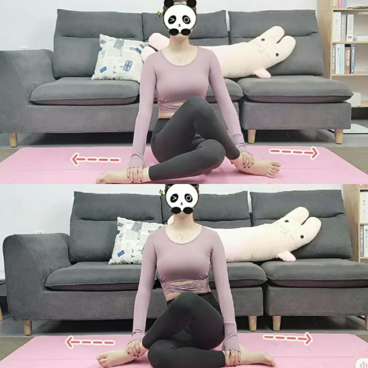 最后的收胯动作很简单,盘腿坐好后双腿左右上下交叠往左右拉伸至极限,维持30秒;之后上下交换重复动作,一共做3组即可。