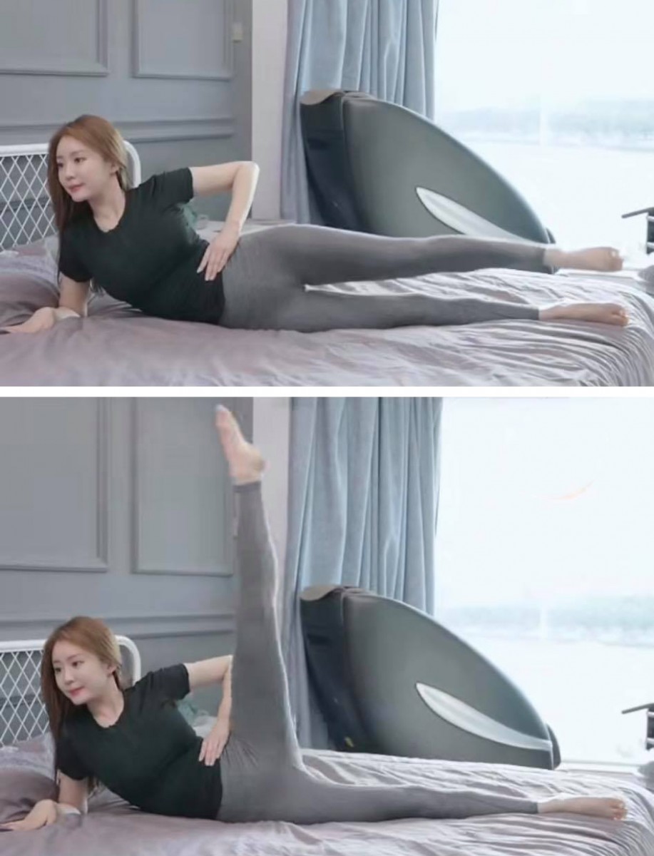 动作(一)侧卧上下摆腿 侧卧躺好确保腰部以下贴近瑜伽垫或床面,同侧的手支撑好,另一只手叉腰;然后进行上下摆腿,将腿部向上伸至极限再缓缓下放。一侧做20次为一组,两侧各做3组。