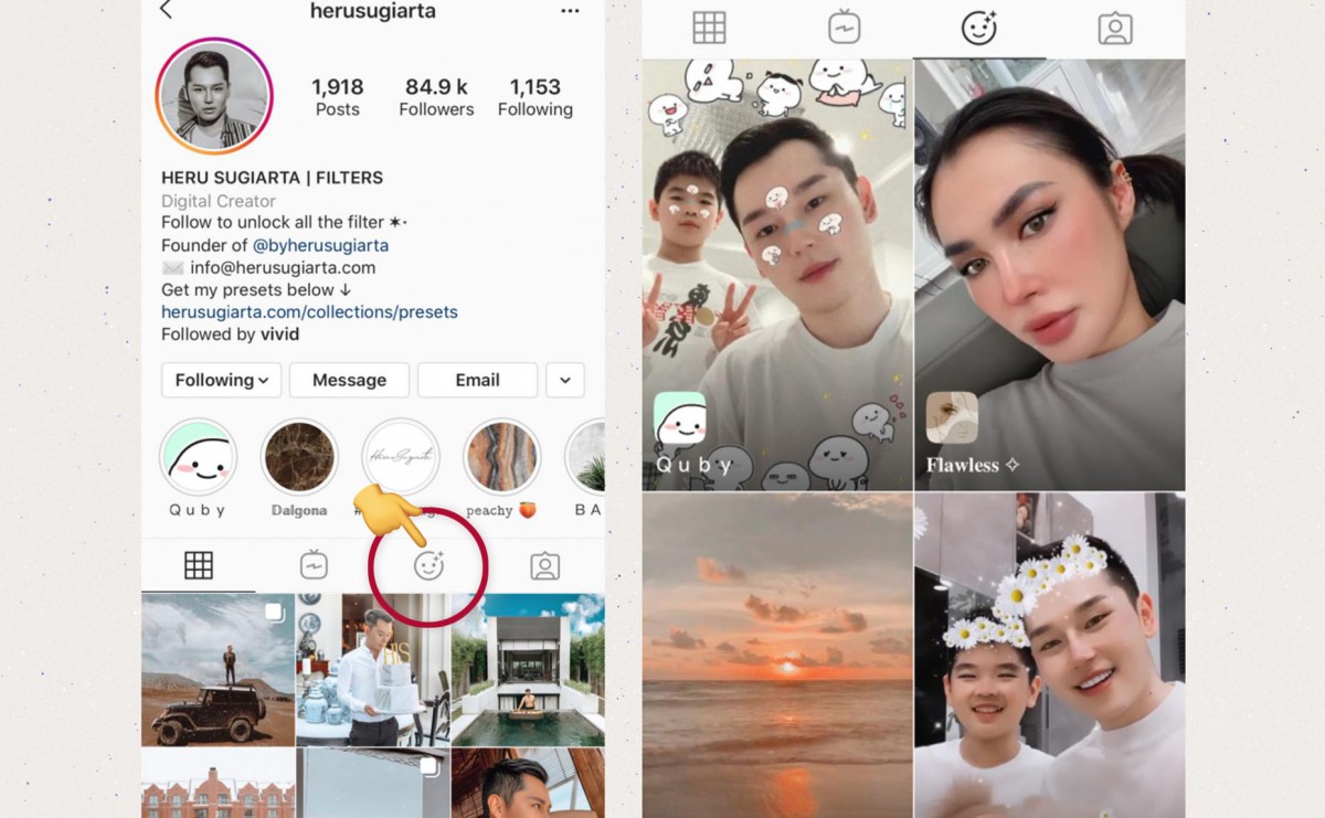 使用方法很简单:首先可以点击 >> 这里 前往创作者 @ herusugiarta 的Instagram账号,点击 Effect Gallery 浏览他创作的滤镜列表;点击想要的Quby滤镜后可以直接试用或下载储存即刻~