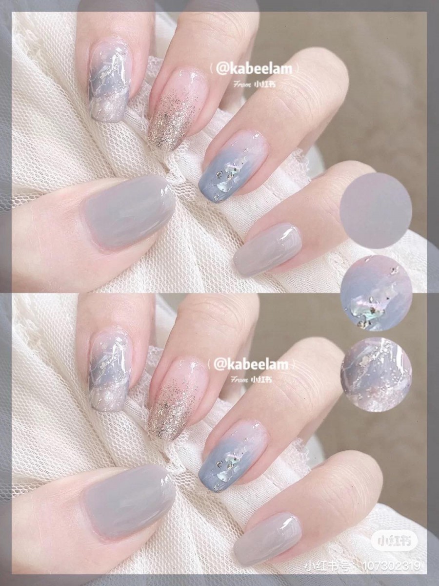 和莫兰迪奶灰色作调色设计、配上大理石晕染以及亮闪闪的浅金香槟色、云母片点缀,这款设计真的太可了 ?