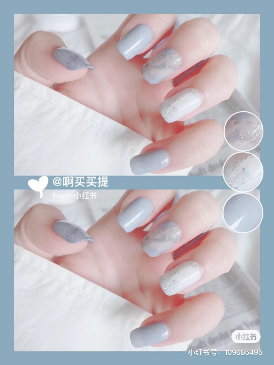 ▲ 宝宝蓝色 x 浅灰色 x 乳白色完全是Perfect Match!博主还特别用了银灰闪点缀,不同光线照射下呈现绝美亮泽感。